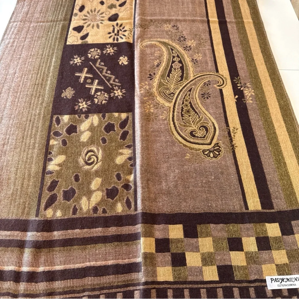 Pashmina Scarf Wrap Shawl Throw Brown Paisley Checkerboard Stripe Fringe 28